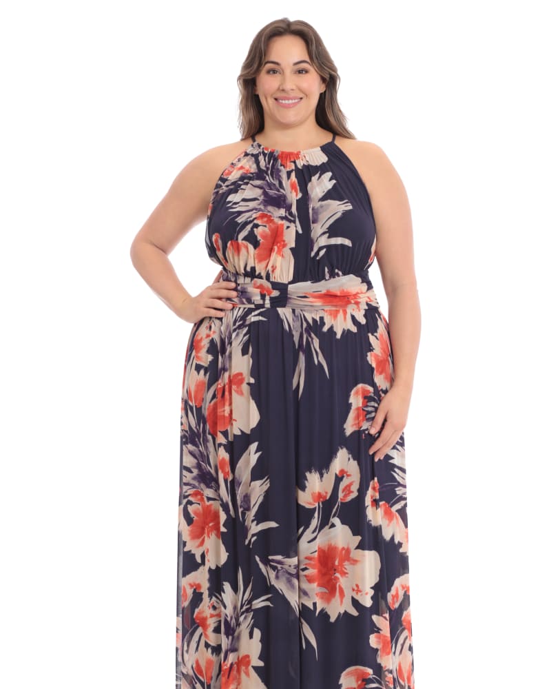 Front of a model wearing a size 18W Floral halter maxi dress in Nav Co Tau by London Times. | dia_product_style_image_id:268632